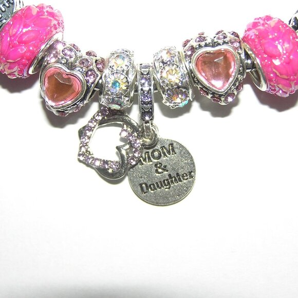 Mom & Daughter European Bracelet, Pink With Sparkling Crystals, Hearts NEW - Picture 4 of 4